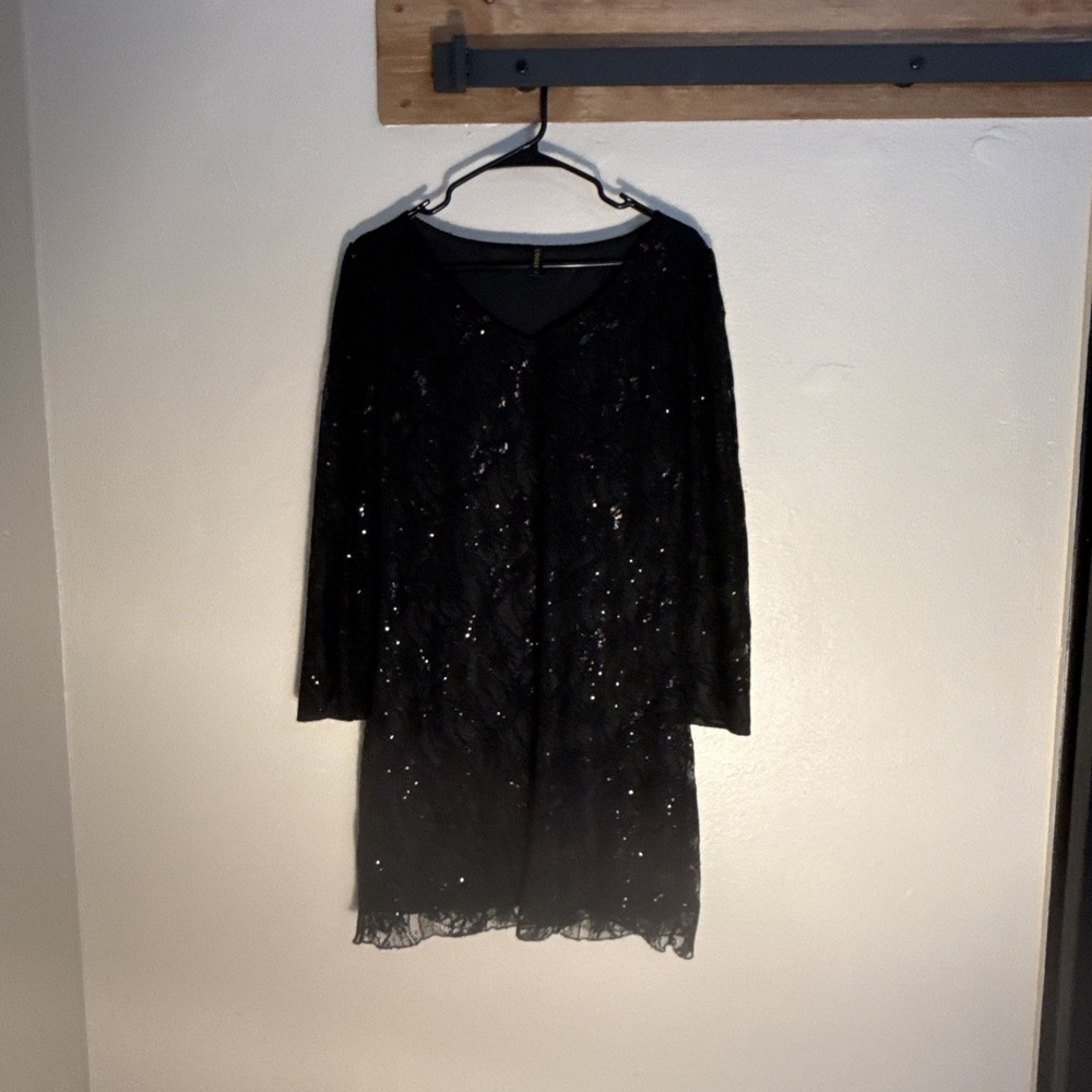 Cooan Sequin Dress Black Lace Women's Size Large 3/4 Sleeve‎ Sparkle Elegant Fun